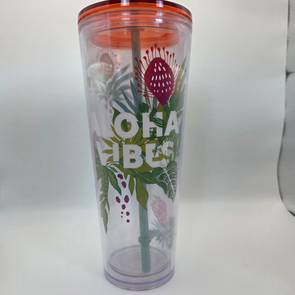 Starbucks Tumbler 24oz Clear Aloha Vibes Tropical Floral Cold Cup‎ Straw